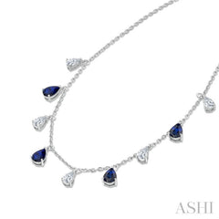 6X4 MM Pear Shape Sapphire and 1 Ctw Pear Cut Diamond Precious Station Necklace in 14K White Gold