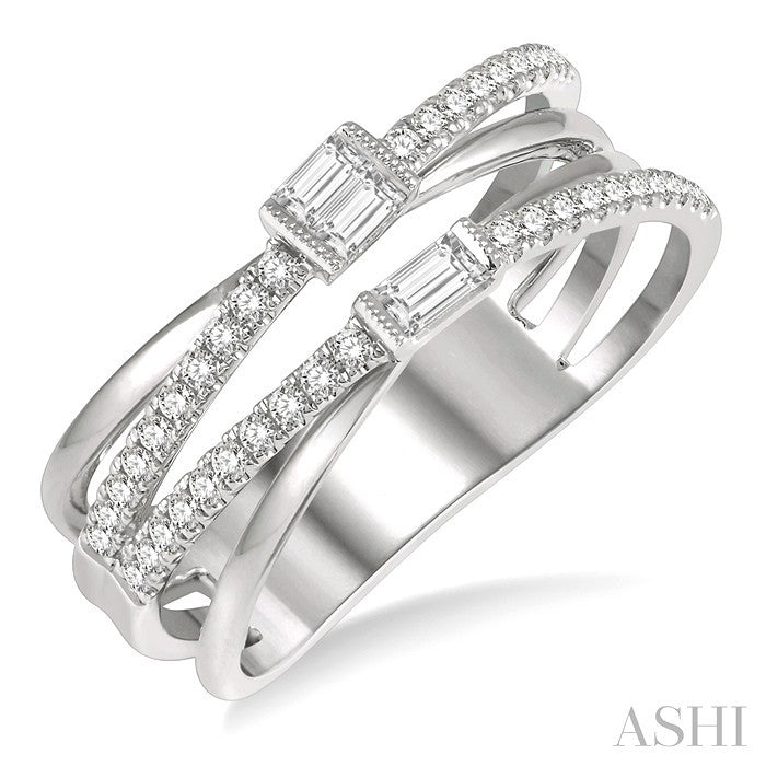 3/8 Ctw Criss-Cross Baguette and Round Diamond Fashion Ring in 14K White Gold