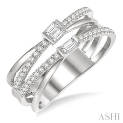 3/8 Ctw Criss-Cross Baguette and Round Diamond Fashion Ring in 14K White Gold
