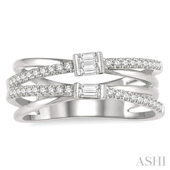 3/8 Ctw Criss-Cross Baguette and Round Diamond Fashion Ring in 14K White Gold