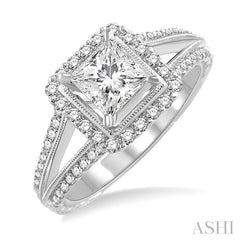 1 1/6 Ctw Diamond Engagement Ring with 3/4 Ct Princess Cut Center Stone in 14K White Gold