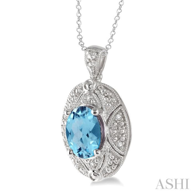 9X7 MM Oval Cut Blue Topaz and 1/50 Ctw Round Cut Diamond Pendant in Sterling Silver with Chain