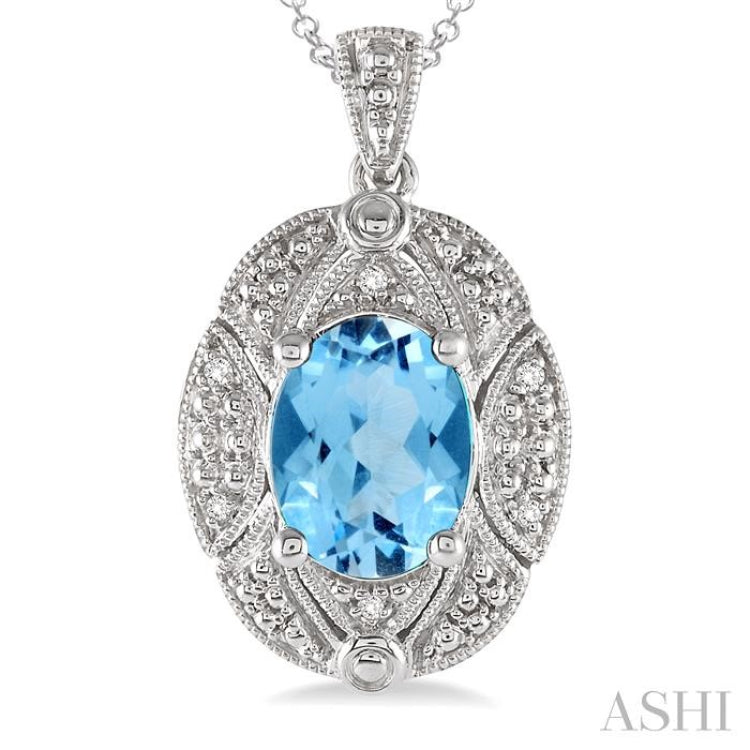 9X7 MM Oval Cut Blue Topaz and 1/50 Ctw Round Cut Diamond Pendant in Sterling Silver with Chain