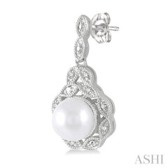6X6 MM Cultured Pearl and 1/20 Ctw Round Cut Diamond Earrings in Sterling Silver