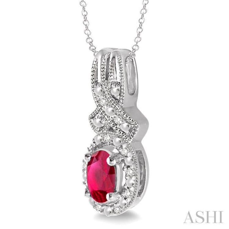 5x3 MM Oval Cut Ruby and 1/50 Ctw Round Cut Diamond Pendant in Sterling Silver with Chain