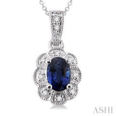 6x4 MM Oval Cut Sapphire and 1/20 Ctw Round Cut Diamond Pendant in Sterling Silver with Chain