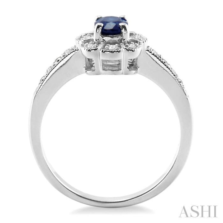 6x4 MM Oval Cut Sapphire and 1/20 Ctw Round Cut Diamond Ring in Sterling Silver