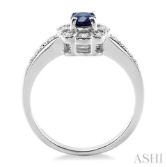 6x4 MM Oval Cut Sapphire and 1/20 Ctw Round Cut Diamond Ring in Sterling Silver