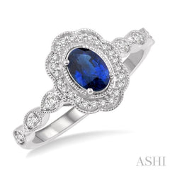 6x4 MM Oval Shape Sapphire and 1/6 Ctw Round Cut Diamond Precious Ring in 10K White Gold