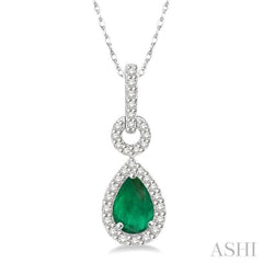 6x4 MM Pear Cut Drop Emerald and 1/6 Ctw Round Cut Diamond Precious Pendant in 10K White Gold with chain