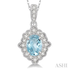 6x4 MM Ethnic Oval Cut Aquamarine and 1/6 Ctw Round Cut Diamond Semi-Precious Pendant in 10K White Gold with chain