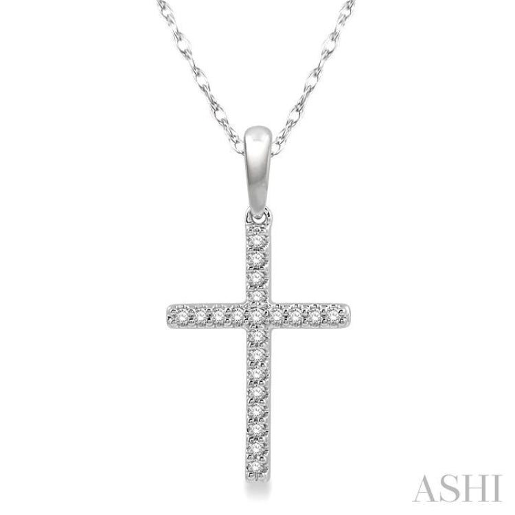 1/10 Ctw Cross Charm Round Cut Diamond Fashion Petite Pendant in 10K White Gold with chain