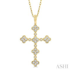 1/8 Ctw Floral Cross Round Cut Diamond Pendant With Link Chain in 10K Yellow Gold