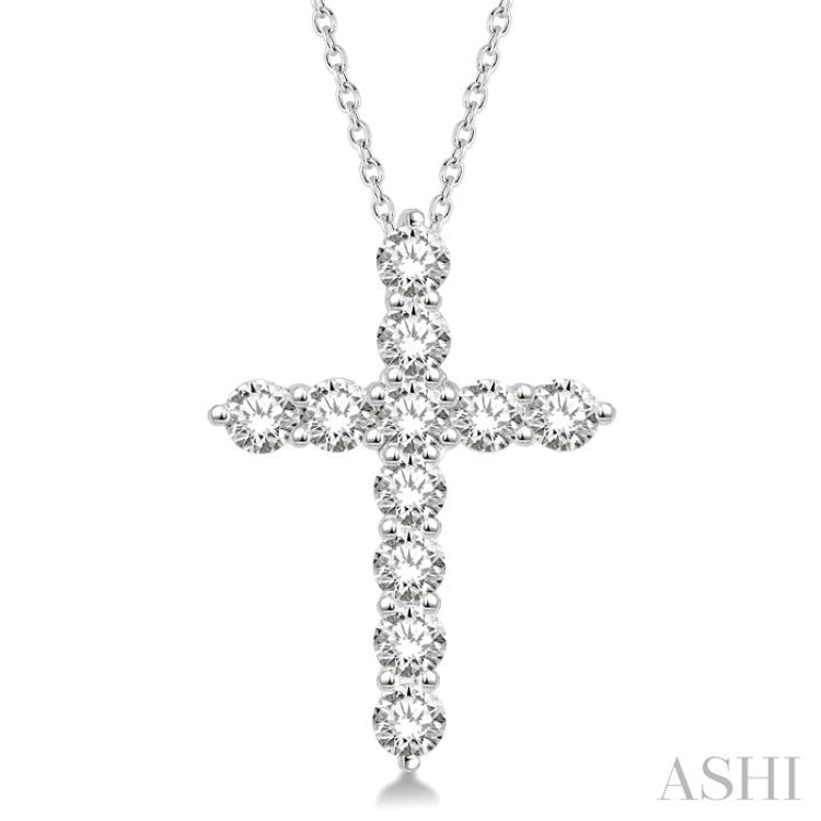 1 1/2 Ctw Round Cut Diamond Cross Pendant in 14K White Gold with Chain
