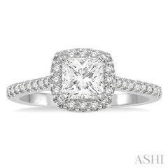 1 Ctw Cushion Shape Round & Princess Cut Diamond Engagement Ring With 3/4 Ctw Princess Cut Center Stone in 14K White Gold