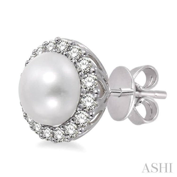 8 MM Cultured Pearls and 1/3 Ctw Round Cut Diamond Earrings in 14K White Gold