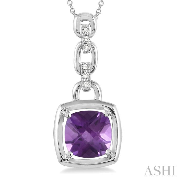 8X8 MM Cushion Checker Amethyst and 1/20 Ctw Round Cut Diamond Pendant in Sterling Silver with Chain