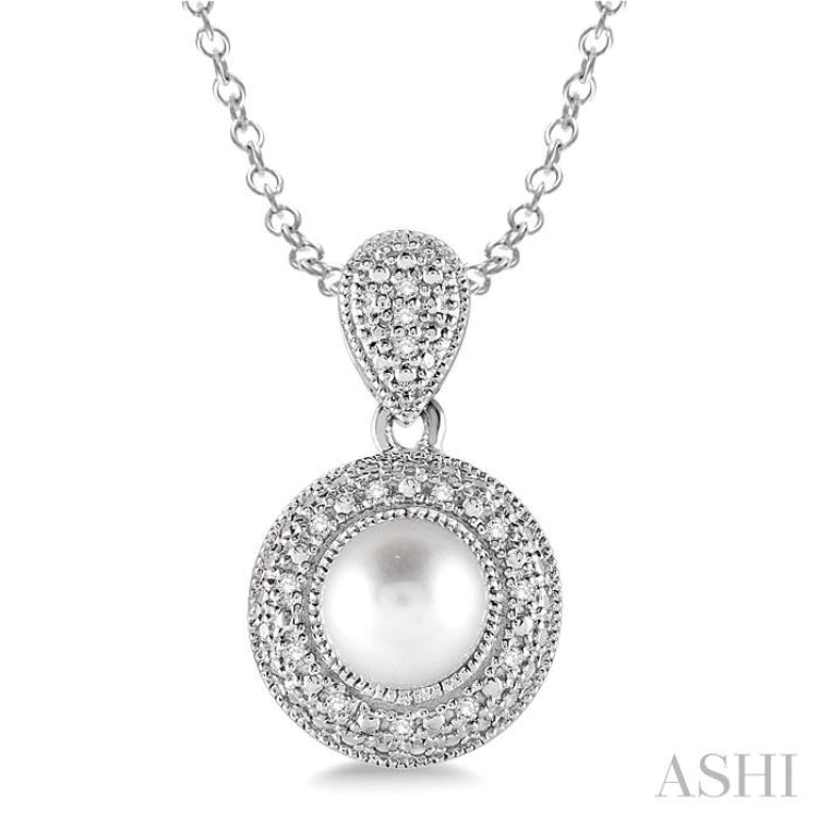6.5X6.5 MM Cultured Pearl and 1/20 Ctw Round Cut Diamond Pendant in Sterling Silver with Chain