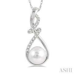 7 MM Round Shape Cultured Pearl and 1/10 Ctw Swirl Top Round Cut Diamond Fashion Pendant With Chain in 10K White Gold