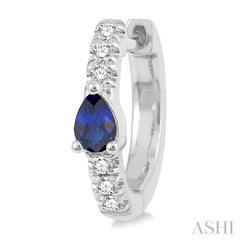 4X3 MM Pear Cut Sapphire and 1/10 Ctw Round Cut Diamond Petite Huggie Earrings in 10K White Gold