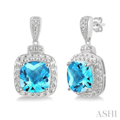 8x8 MM Cushion Shape Blue Topaz and 1/50 Ctw Round Cut Diamond Semi-Precious Earring in Sterling Silver