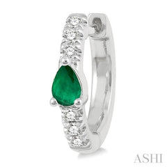 4X3 MM Pear Cut Emerald and 1/10 Ctw Round Cut Diamond Petite Huggie Earrings in 10K White Gold