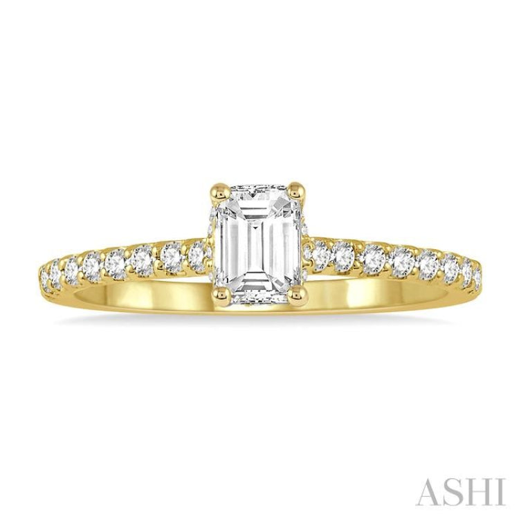 1/2 Ctw Round Cut Diamond Ladies Engagement Ring With 1/4 Ct Emerald Cut Center Stone in 14K Yellow Gold