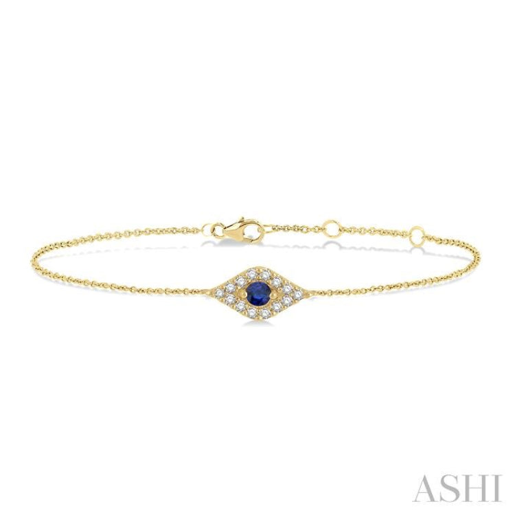 2.60 MM Round Cut Sapphire and 1/10 Ctw Evil Eye Round Cut Diamond Precious Petite Fashion Bracelet in 10K Yellow Gold