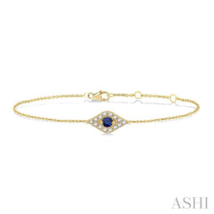 2.60 MM Round Cut Sapphire and 1/10 Ctw Evil Eye Round Cut Diamond Precious Petite Fashion Bracelet in 10K Yellow Gold