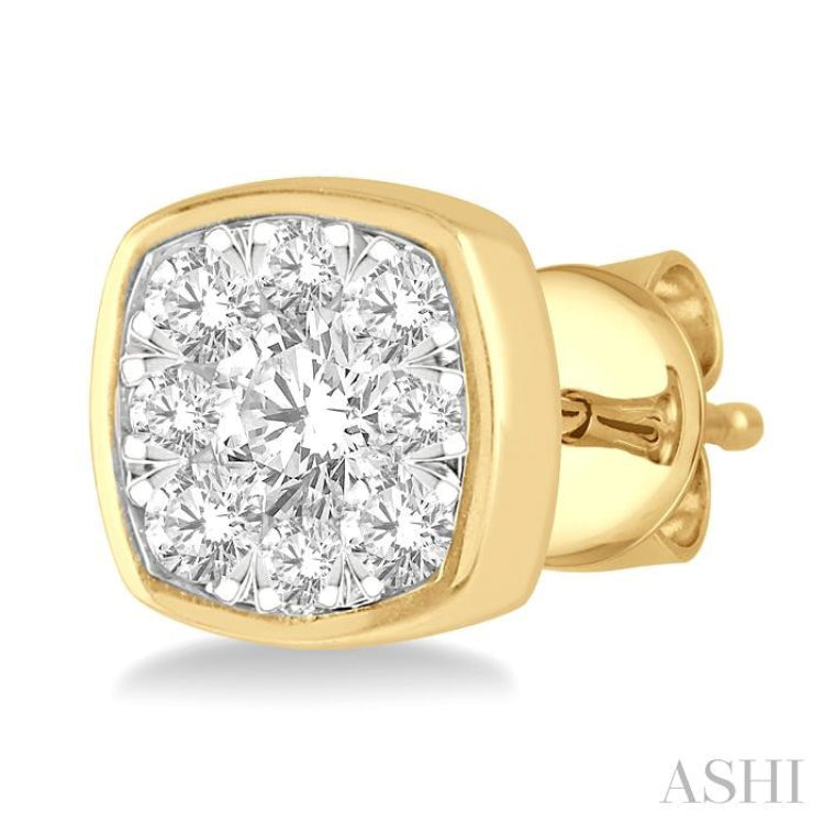 1/2 Ctw Cushion Shape Round Cut Diamond Lovebright Bezel Stud Earring in 14K Yellow and White Gold