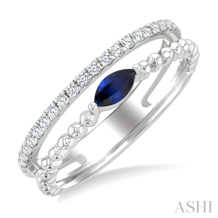 5x2.5 MM Marquise Shape Sapphire and 1/5 Ctw Round CutDiamond Precious Split Twin Ring in 10K White Gold