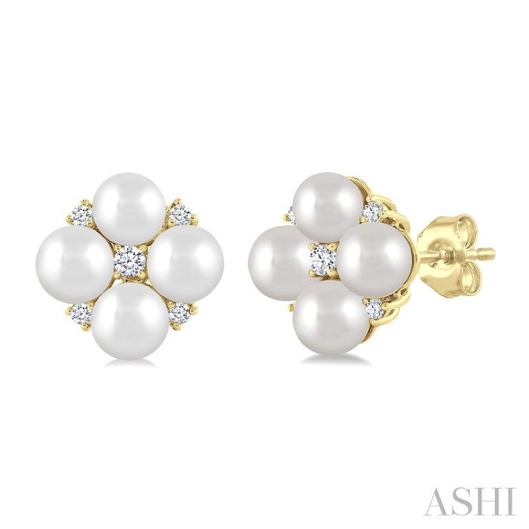 4 MM Round Shape Floral Cultured Pearls and 1/10 Ctw Round Cut Diamond Fashion Stud Earring in 10K Yellow Gold
