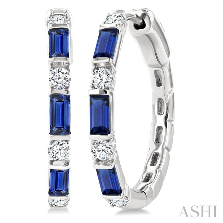 4X2 MM Baguette Cut Sapphire and 1/3 Ctw Art Deco Round Cut Diamond Precious Hoop Earring in 14K White Gold
