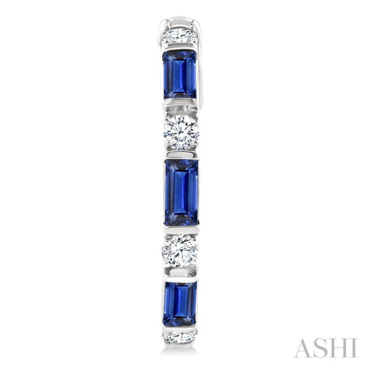 4X2 MM Baguette Cut Sapphire and 1/3 Ctw Art Deco Round Cut Diamond Precious Hoop Earring in 14K White Gold
