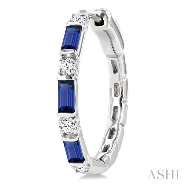 4X2 MM Baguette Cut Sapphire and 1/3 Ctw Art Deco Round Cut Diamond Precious Hoop Earring in 14K White Gold