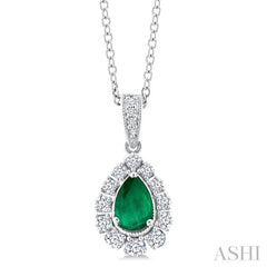 6X4 MM Pear Cut Emerald and 1/4 Ctw Round Cut Diamond Precious Pendant With Chain in 14K White Gold