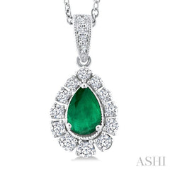 6X4 MM Pear Cut Emerald and 1/4 Ctw Round Cut Diamond Precious Pendant With Chain in 14K White Gold