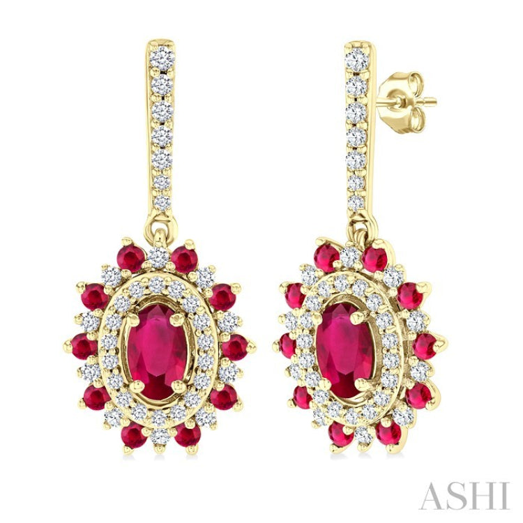 5x3 MM Oval Cut & 1.45 MM Round Cut Ruby and 1/3 Ctw Round Cut Diamond Precious Earring in 14K Yellow Gold