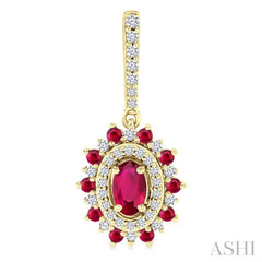 5x3 MM Oval Cut & 1.45 MM Round Cut Ruby and 1/3 Ctw Round Cut Diamond Precious Earring in 14K Yellow Gold