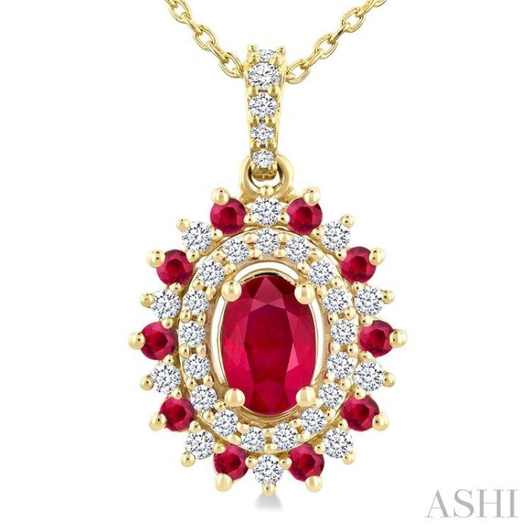 6X4 MM Oval Cut & 1.55 MM Round Cut Ruby and 1/4 Ctw Round Cut Diamond Floral Precious Pendant With Chain in 14K Yellow Gold
