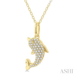 1/6 Ctw Petite Sea Life Dolphin Round Cut Diamond Fashion Pendant With Chain in 10K Yellow Gold