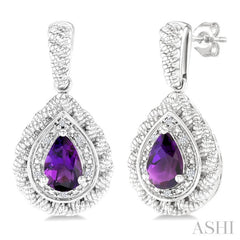 6X4 MM Pear Cut Amethyst and 1/20 Ctw Round Cut Diamond Semi-Precious Earring in Sterling Silver