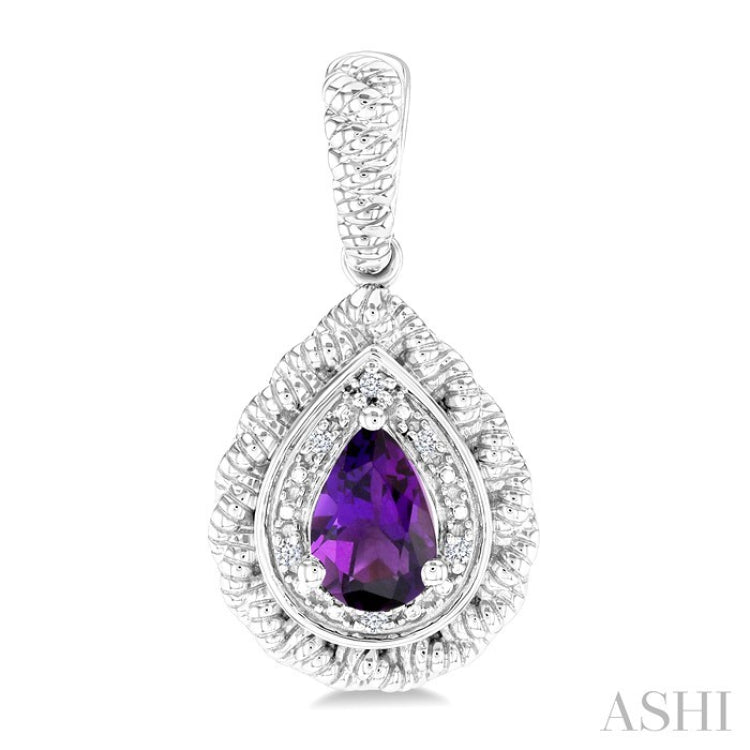 6X4 MM Pear Cut Amethyst and 1/20 Ctw Round Cut Diamond Semi-Precious Earring in Sterling Silver