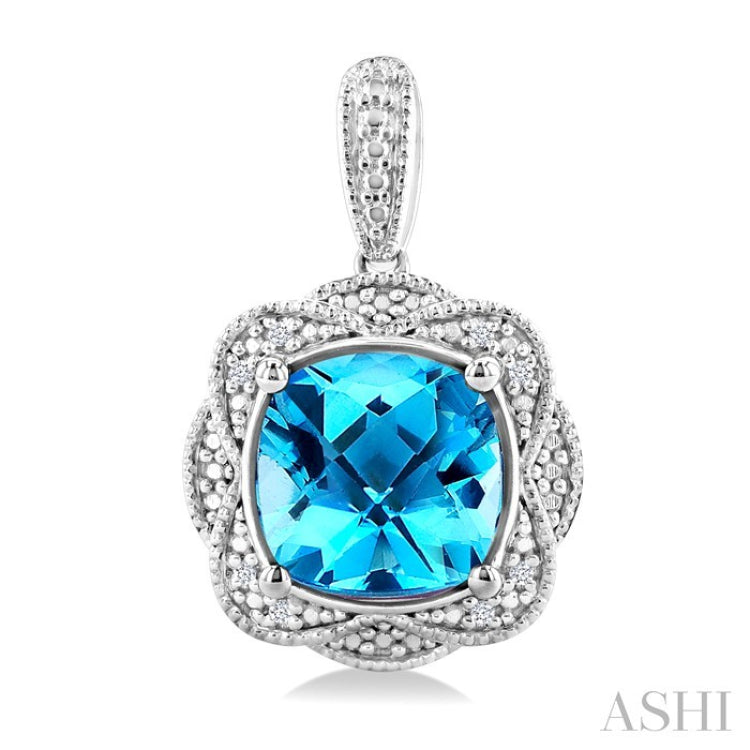 8X8 MM Cushion Shape Blue Topaz and 1/20 Ctw Round Cut Diamond Semi-Precious Earring in Sterling Silver