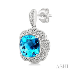 8X8 MM Cushion Shape Blue Topaz and 1/20 Ctw Round Cut Diamond Semi-Precious Earring in Sterling Silver