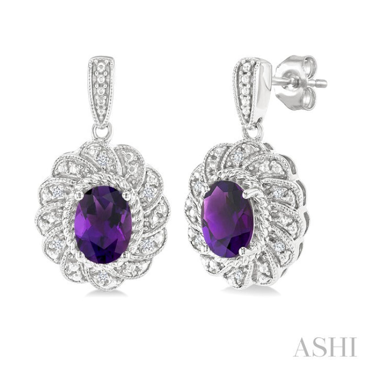 7X5 MM Oval Cut Amethyst and 1/20 Ctw Round Cut Diamond Semi-Precious Earring in Sterling Silver