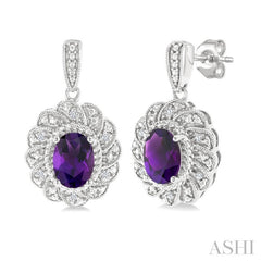 7X5 MM Oval Cut Amethyst and 1/20 Ctw Round Cut Diamond Semi-Precious Earring in Sterling Silver