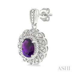 7X5 MM Oval Cut Amethyst and 1/20 Ctw Round Cut Diamond Semi-Precious Earring in Sterling Silver