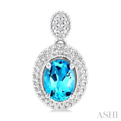 7X5 MM Oval Cut Blue Topaz and 1/20 Ctw Round Cut Diamond Semi-Precious Earring in Sterling Silver