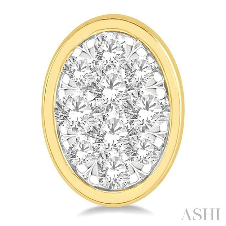 1/3 Ctw Oval Shape Lovebright Round Cut Diamond Bezel Stud Earring in 14K Yellow and White Gold